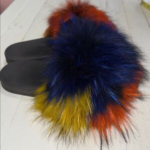 Colorful Faux Fur Fuzzy Sandals/Slides/Slippers Women Non-Slip Open Toe Flat